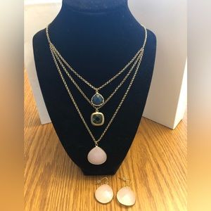 Anthropologie Set Layered Necklace 3 Tier w/Pink Earrings Faceted Stone Suite